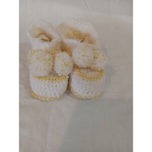 Handmade Crochet Baby Booties White Yellow Pom Pom Knitted Infant Slippers